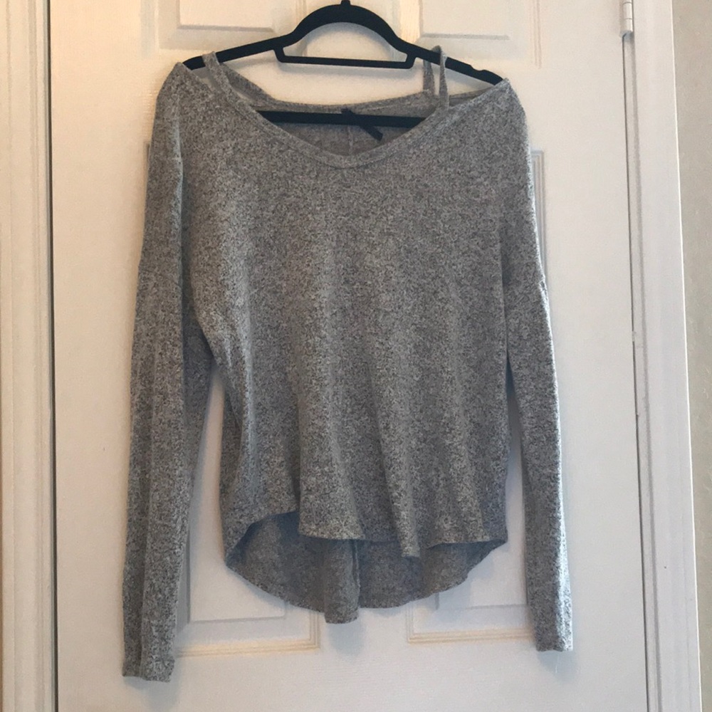 gray sweater with sleeve cut outs